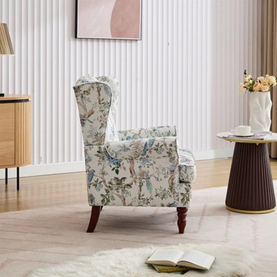 Wingback Armchair, Bird Pattern Retro Accent Chair Soft Padded Fabric ...
