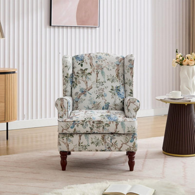 Wingback Armchair, Bird Pattern Retro Accent Chair Soft Padded Fabric ...
