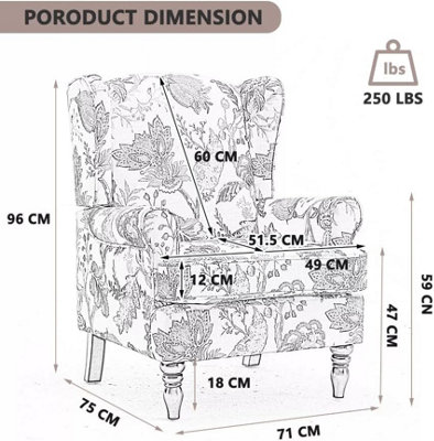 Wingback Armchair, Bird Pattern Retro Accent Chair Soft Padded Fabric ...