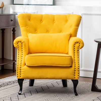 Wingback Armchair, Linen Upholstered Accent Sofa Chair with Cushion,Yellow