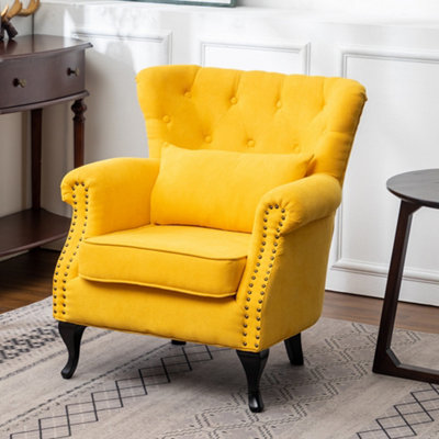 Wingback Armchair, Linen Upholstered Accent Sofa Chair with Cushion,Yellow