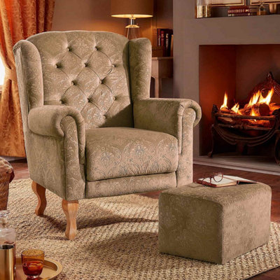 Wingback Armchair with Footstool, Biscuit Patterned Velvet, Button-Back Cushion, High Seat, Easy Assembly