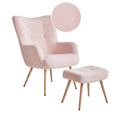 Wingback Chair VEJLE with Footstool Boucle Pastel Pink