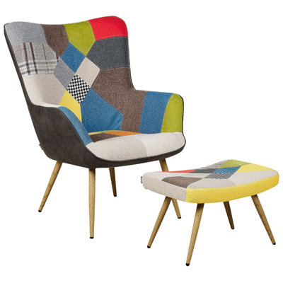 Wingback Chair with Footstool Patchwork Multicolour VEJLE II
