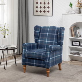 Wingback Tartan Armchair Soft Padded Retro Check Leisure Chair Fabric Lounge for Living Room Bedroom - Blue