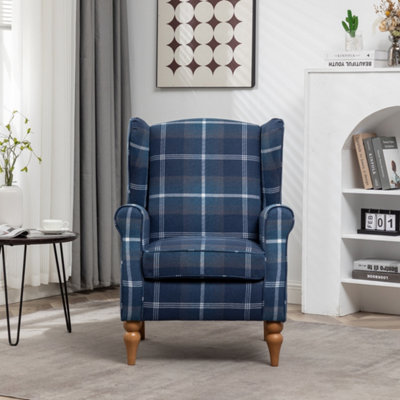 Wingback Tartan Armchair Soft Padded Retro Check Leisure Chair Fabric Lounge for Living Room Bedroom - Blue