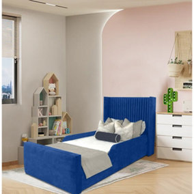 Winnie Kids Bed Gaslift Ottoman Plush Velvet with Safety Siderails- Blue