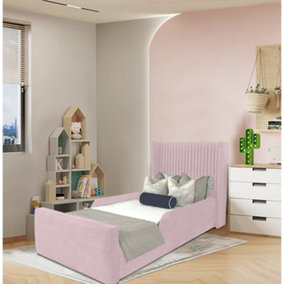 Winnie Kids Bed Gaslift Ottoman Plush Velvet with Safety Siderails- Pink