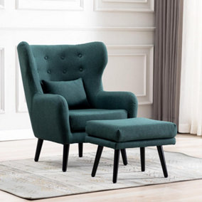 Winslow Wing Back Occasional Bedroom Living Room Button Back Linen Fabric Accent Chair Armchair (Green w Footstool)