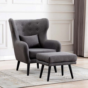 Winslow Wing Back Occasional Bedroom Living Room Button Back Linen Fabric Accent Chair Armchair (Grey W Footstool)