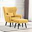 WINSLOW WING BACK OCCASIONAL BEDROOM LIVING ROOM BUTTON BACK LINEN FABRIC ACCENT CHAIR ARMCHAIR (Mustard w Footstool)