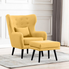 WINSLOW WING BACK OCCASIONAL BEDROOM LIVING ROOM BUTTON BACK LINEN FABRIC ACCENT CHAIR ARMCHAIR (Mustard w Footstool)