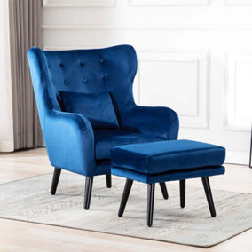 Winslow Wing Back Occasional Bedroom Living Room Button Back Velvet Fabric Accent Chair Armchair (Blue w Footstool)