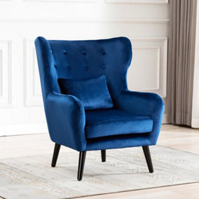 Winslow Wing Back Occasional Bedroom Living Room Button Back Velvet Fabric Accent Chair Armchair (Blue)