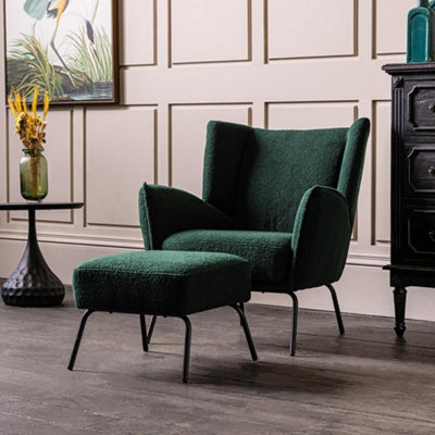 Winston Armchair with Footstool Upholstered Green Boucle Fabric Black Metal Base