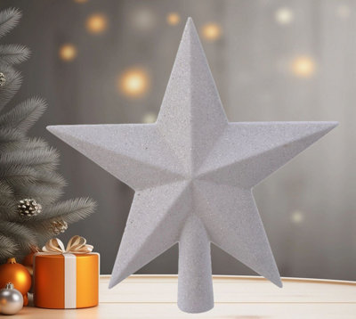 Winter White Christmas Tree Topper Star White Glitter Tree Decoration 19cm