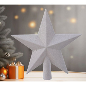 Winter White Christmas Tree Topper Star White Glitter Tree Decoration 19cm