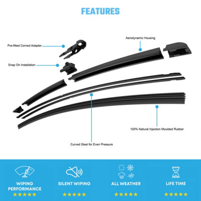 Wiper Blade Flat Front DS, PS Kits 24+15 Inch Fits Audi A1 1.0 TFSI 95 8X 2010- Mehr MFB24C2+ MFB15C2 with Prefitted C2 Adapter