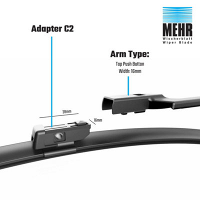 Wiper Blade Flat Front DS, PS Kits 24 Inch+15 Inch Fits Audi A1 1.6 TDI 8X 2010- Mehr MFB24C2 + MFB15C2 with Prefitted C2 Adapter