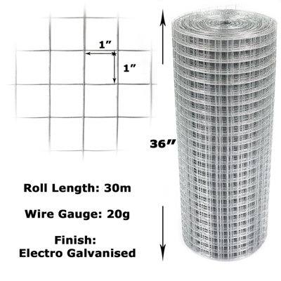 Wire Electro Galvanised Welded Mesh 1in x 1in x 36in x 30m (20g) for Hutch/Chicken Coop