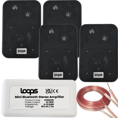 Wireless Bluetooth Amplifier & 4x 4" 70W Black Wall Mounted Speakers