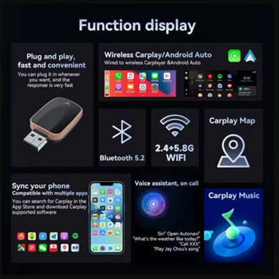 Wireless Carplay & Android Auto USB Adapter for Wired Systems - Plug & Play