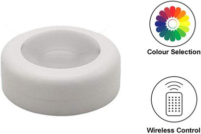 Wireless LED Colour Changing Torch Puck Lights with RGB LEDs & Remote Control, Dimmable, Battery Powered
