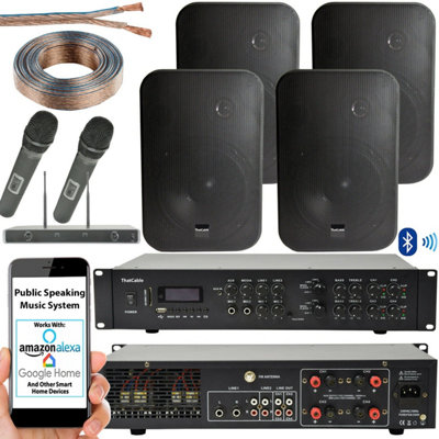 Wireless Microphone Public Address System 4x Black 200W Wall Speakers 800W Amp
