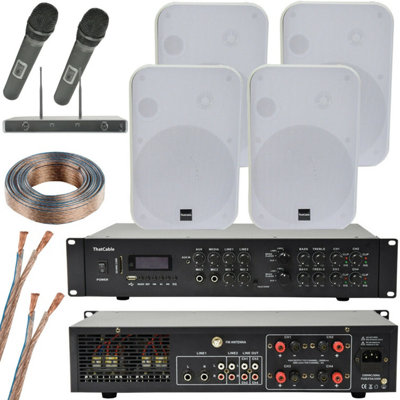 Wireless Microphone Public Address System 4x White 200W Wall Speakers 800W Amp