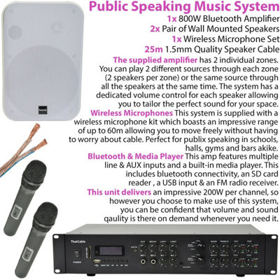 Wireless Microphone Public Address System 4x White 200W Wall