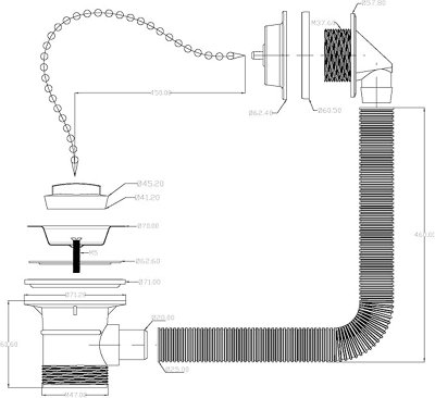 Wirquin WHO73SS 1."5 Bath Waste with black plastic plug, chrome chain and external overflow