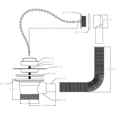 Wirquin WSO33SS 1."5 Sink Waste with black plastic plug, chrome chain and external overflow