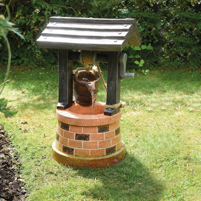 Wishing Well Solar Powered Water Fountain - Brick Effect Resin Outdoor Garden Cascading Water Feature - Measures H51 x 31cm Dia