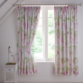 Wisteria Floral Print Pair of Pencil Pleat Curtains With Tie-Backs