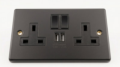 WK Matt Black Finished Double Wall Plug Socket 2 Gang Twin Switch ...
