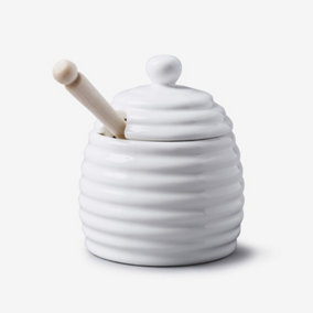 WM Bartleet & Sons Porcelain Honey Storage Pot with Wooden Dipper