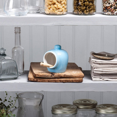 WM Bartleet & Sons Porcelain Salt Pig Storage Pot with Beechwood Spoon, Blue