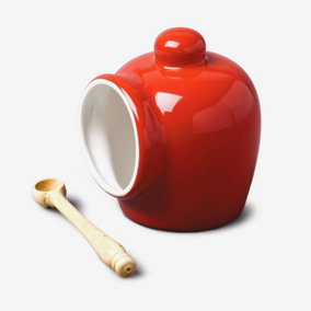 WM Bartleet & Sons Porcelain Salt Pig Storage Pot with Beechwood Spoon, Red