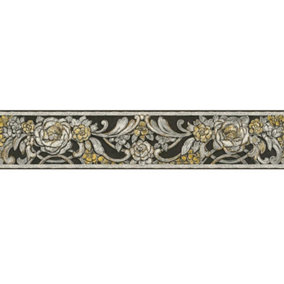 Wolfgang Joop Floral Charcoal Silver Gold Wallpaper Border Flowers Textured