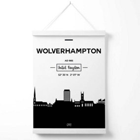 Wolverhampton Black and White City Skyline Poster with Hanger / 33cm / White