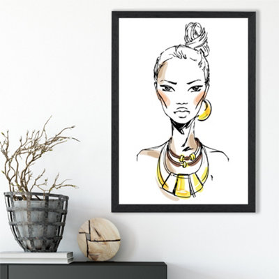 Woman Face Pen and Ink Sketch Framed Print SIZE: A3 with Black Frame
