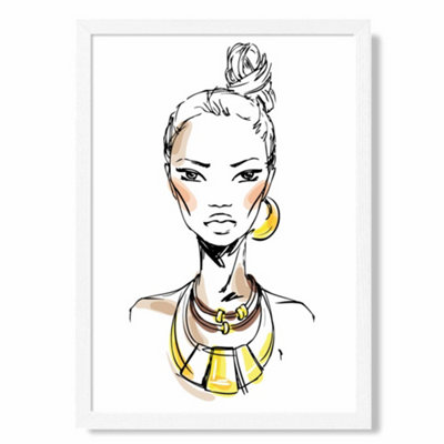 Woman Face Pen and Ink Sketch Poster with Hanger / 33cm / White