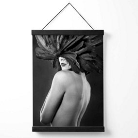 Woman with Feathers Mask Fashion Black and White Photo Medium Poster with Black Hanger