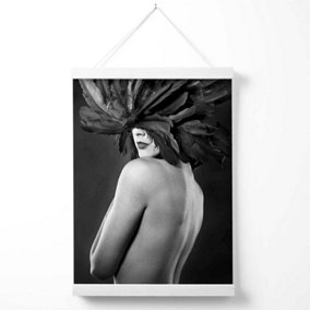 Woman with Feathers Mask Fashion Black and White Photo Poster with Hanger / 33cm / White
