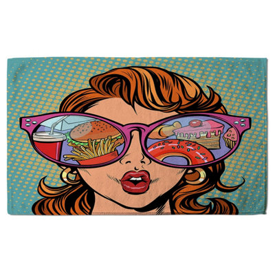 Woman with sunglasses. Fast food and sweets in the reflection (Bath Towel) / Default Title Price Comparisons | Compare The Build