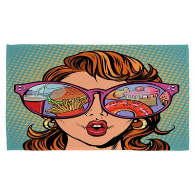 Woman with sunglasses. Fast food and sweets in the reflection (Kitchen Towel) / Default Title