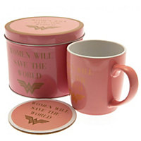 Wonder Woman Women Save The World Mug and Coaster Set Crepe Pink/Gold (One Size)