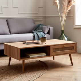 Wood and rattan detail coffee table 110x59x39cm - Boheme - Natural wood colour