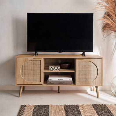 Wood and rounded cane rattan TV stand 120x39x56.5cm Eva 2 cupboards 2 storage spaces bohemian