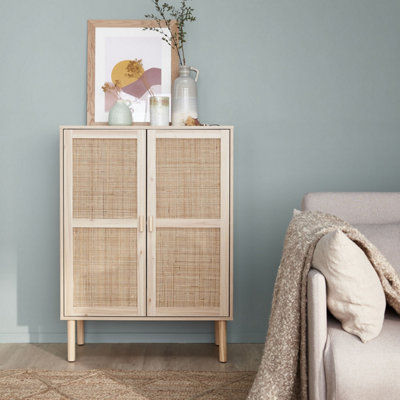 Wood and woven rattan 2-door storage cabinet 80x40x110cm Camargue 2 ...